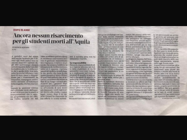Ancora nessun risarcimento per gli studenti morti all’Aquila sotto le&nbsp;macerie